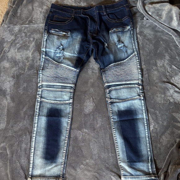 Men's Distressed Skinny Jeans - Dark Blue - Picture 1 of 3